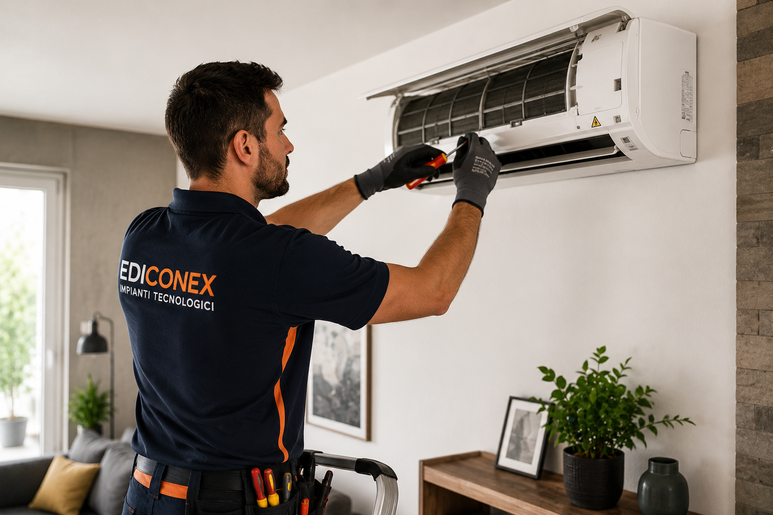 Tecnico EDICONEX che installa un climatizzatore